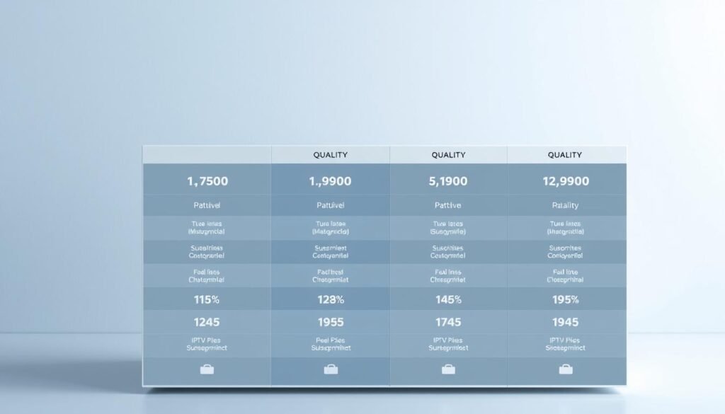 A detailed comparison of IPTV subscription plans, showcasing their relative pricing and quality. A pristine, minimalist table or grid layout, with clear icons and metrics for each plan. Sleek, modern style with muted color palette of blues, grays, and whites. Precise, technical lighting accentuates the clean, data-driven presentation. A subtle background gradient or textured surface adds depth and visual interest, without distracting from the main content. The overall composition should convey a sense of clarity, professionalism, and utility - providing the viewer with a concise, at-a-glance understanding of the IPTV subscription landscape.
