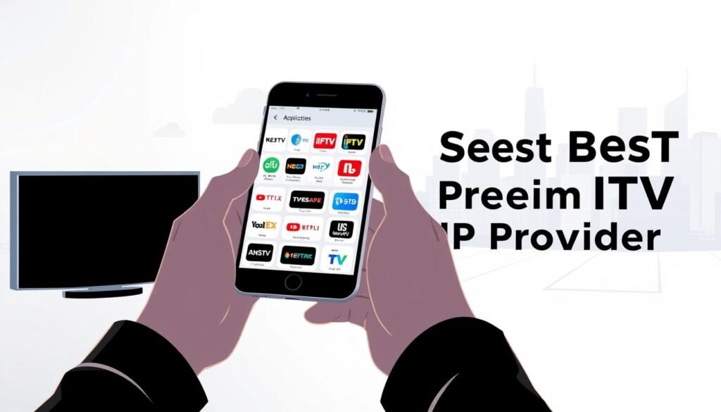 A modern and minimalist illustration showcasing the process of selecting the best premium IPTV provider. In the foreground, a person's hands are holding a smartphone, the screen displaying a grid of various IPTV service icons. The middle ground features a clean, white background with subtle geometric shapes and patterns, creating a sense of organization and professionalism. The background depicts a cityscape with high-rise buildings, subtly hinting at the urban, technological environment in which IPTV services thrive. The lighting is soft and diffused, creating a calming, contemplative atmosphere as the viewer focuses on the decision-making process. The overall composition and color palette convey a sense of clarity, reliability, and the thoughtful consideration required when choosing a premium IPTV provider.