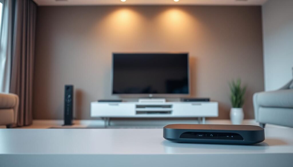 A modern home interior with a sleek entertainment setup. In the foreground, an IPTV streaming device is prominently displayed, its smooth black casing and simple remote control suggesting an intuitive user experience. The middle ground showcases a large, high-definition TV screen, its crisp image captivating the viewer. Behind it, a minimalist media console houses various electronics, creating a cohesive and visually appealing arrangement. Soft, indirect lighting illuminates the space, casting a warm, inviting glow and highlighting the clean, contemporary design. The overall atmosphere conveys a sense of technological sophistication and seamless home entertainment integration.