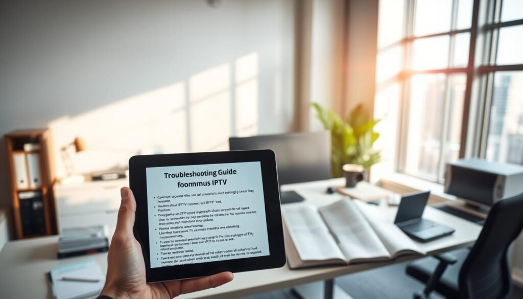 A modern office interior with a large desk, desktop computer, and various office supplies. In the foreground, a hand holds a tablet displaying a troubleshooting guide for common IPTV issues. The middle ground features an open notebook with handwritten notes, and the background showcases a window with a cityscape outside, creating a professional and informative atmosphere. The lighting is bright and natural, with a warm color temperature. The camera angle is slightly elevated, providing a clear view of the scene.